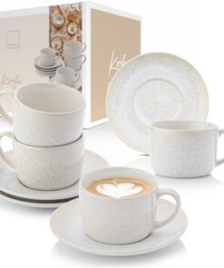 Sänger Kaffeetassen Set Korfu 8 tlg | 4 Personen Steingut Kaffeeservice | Sandiger Maserung & Creme Farbe 160ml | PREMIU