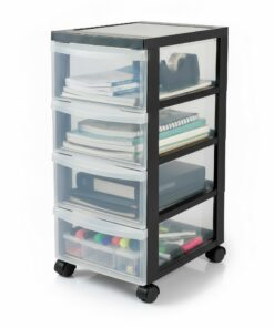 Iris Ohyama Kunststoff-Schubladenbox DC-004, 4 flache Schubladen, BPA-frei, Schwarz, Griffe zum Ziehen, Für Schlafzimmer