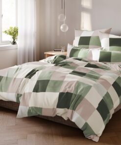 Pure Label Karierte Bettwäsche 155x220 cm - Traumhaft weich, 100% Baumwolle, grün mit YKK-Reißverschluss