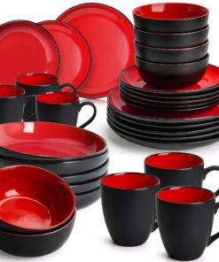 MIAMIO Geschirrset 6 Personen | Steingut Tafelservice 30-teilig (Rot, Le Papillon Kollektion) - Teller, Schüsseln, Tasse