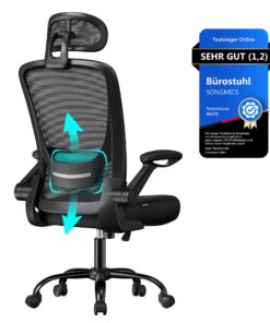SONGMICS Bürostuhl erblickt in Arbeits- und Schlafzimmer, klappbare Armlehnen und Mesh-Drehstuhl für Studenten, tintensc