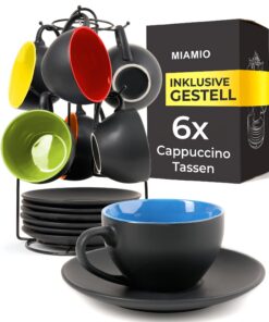 MIAMIO - Cappuccinotassen Set mit Unterteller & Ständer - für Haus & Familie - Le Papillon Kollektion (Bunt) MIAMIO -