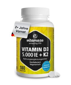 Vitamin D3 K2 5000 IE mit MK7 für 2+ Jahre, 180 Tabletten ohne Zusatzstoffe, hergestellt in Deutschland