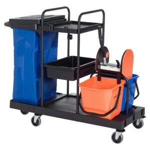 HOMCOM Putzwagen Reinigungswagen Schwarz+Blau+Orange für Industrie mit 4 Rollen | HOMCOM Wischwagen Systemwagen 111x63,