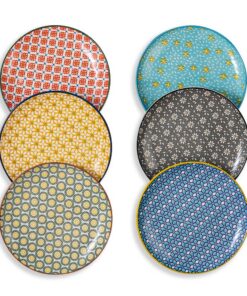 Bunte Porzellan Dessertteller Set 6 Stück 20 cm - Mikrowellenfest Spülmaschinenfest für Dessert Salat Frühstück