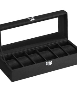SONGMICS Uhrenbox mit 6 Fächern JWB06B01 - Metallenschloss, schwarzer Futter und Glasdeckel für Damen und Herren