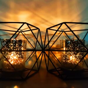 Teelichthalter Geometrisch Metall Schwarz 2er Set Sternenkerzenbecher Glas Wohnzimmer Schlafzimmer Hochzeit Party