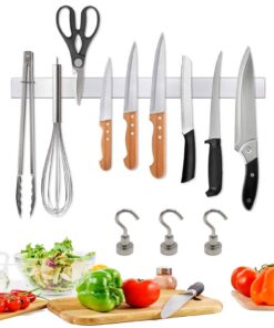 Magnetleiste Messer 40 cm | Magnetleiste selbstklebend 3M | Premium-Edelstahl, rostfrei & hygienisch | 3 Haken | Messerh
