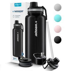 Wessper Auslaufsicher Thermosflasche 1L BPA-Frei Schwarz | Ideal für Sport und Outdoor-Erwachsene
