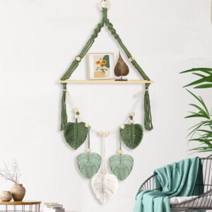 Boho Makramee Holzregal für Schlafzimmer, Wohnzimme und Badezimmer 100x40 cm Blatt Wanddeko Schweberegal Holz Wandbehang
