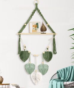 Boho Makramee Holzregal für Schlafzimmer, Wohnzimme und Badezimmer 100x40 cm Blatt Wanddeko Schweberegal Holz Wandbehang