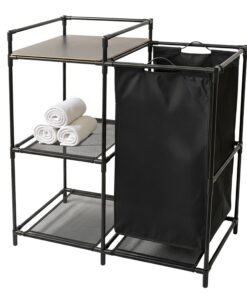 Spetebo Badregal mit integriertem Wäschekorb - Standregal für Badezimmer - 69 x 77 cm - Metall und Stoff mit 3 Ablagen -