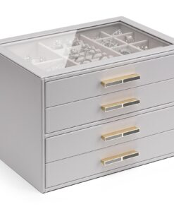 Vlando Schmuckkästchen mit Glasdeckel - 4-stöckiger Schmuck-Organizer für Frauen (Grau) Vlando Schmuckkästchen mit Gla