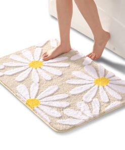 QJHOMO Beige Badematte mit Niedlichen Gänseblümchen für Rutschverhütung und Absorption 60x90 cm