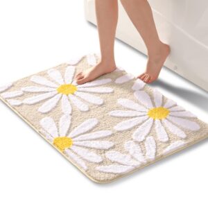 QJHOMO Beige Badematte mit Niedlichen Gänseblümchen für Rutschverhütung und Absorption 60x90 cm