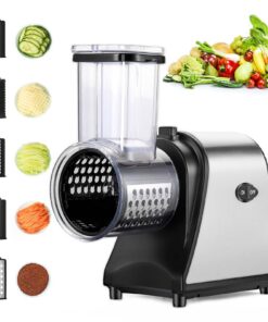 Elektrischer Gemüsehobel 250W 5-in-1 Edelstahl mit 5 Klingen & Großer Einfüllschlitz für Obst Gemüse Käse
