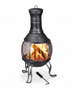 Relaxdays Aztekenofen mit Schürhaken Holzrost Funkenschutzgitter | Antik Terrassenofen Garten Terrasse Höhe 89 cm grau