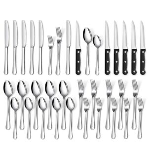 TAN REN Edelstahl Besteck Set für 6 Personen mit Steakmesser - Elegantes 36-teiliges Besteck für Haus/Küche/Restaurant -