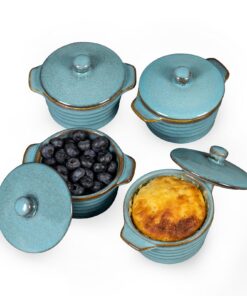HENXFEN LEAD Mini Cocottes 230ml 4er-Set Creme Brûlée Schälchen mit Deckel aus Steinzeug Reactive Blue