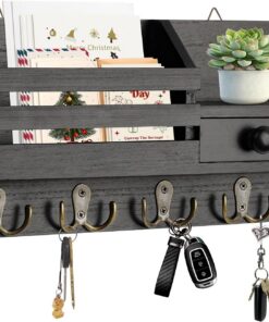 Holz Schlüsselhalter mit 4 Doppelhaken & Schublade - Multifunktional für Flur & Eingang - Schwarz