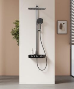 EMKE Duschsystem Thermostat Anthrazit Matt Regendusche 36x24 cm Handbrause 3 Strahlarten Duschsystem 38℃ PVC Schlauch