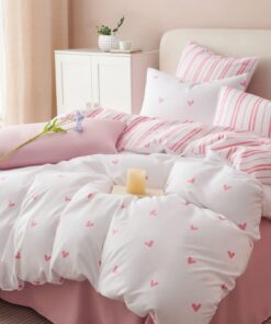 Freyamy Liebe Wendebettwäsche 100% Microfaser Rosa Weiß 135x200cm Set mit Reißverschluss und Kissenbezug