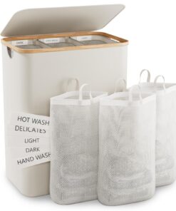 145L Extra Große Beige Wäschekorb Mit Deckel für Schlafzimmer und Waschküche | 3 Fächer Beige Wäschekorb Mit Abnehmbare