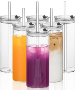 6er Set 530ml Carbonfree Certified Gerippte Trinkgläser mit 2-in-1 Deckel & Strohhalm für Eiskaffee, Smoothies, Wasser &