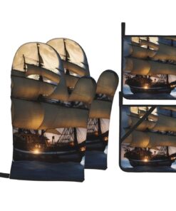 Küchen- und Backset Piraten-Segelboot-Monddruck 4 Teile + isolierter Ofenhandschuh | Backset mit Piraten-Segelboot-Mond