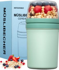 Müslibecher to Go (Nordic Grün) 600ml+270ml Kinder Frühstücksdose Joghurtbecher mit Löffel