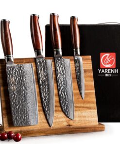 YARENH Damastmesser Set - scharfe Klinge, Holzgriff, Messerblock - ideal für chinesisches Kochen HTT-Serie