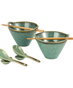 HENXFEN LEAD Japanisches Ramen Bowl + 2 Stück 600ml Keramik + Mit Essstäbchen Löffel Löffelruhe Glänzend Grün