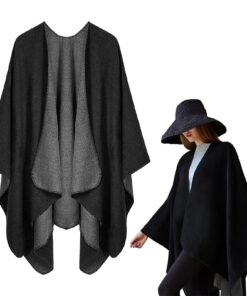 PORFOYO Damen Poncho Schal Winddichte Warme Winter Reversible (Schwarz)