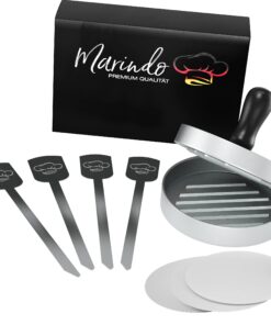 Marindo Burgerpresse Aluminium | Ø 12cm | Pro-Burgernutzer, Festlicher Grillabend | Anti Haft Hamburgerpresse, Complete