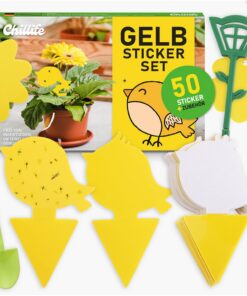 Chillife Gelbsticker Set 50 Gelbtafeln I Verschiedene Designs 20 Bindedrähte 3 Doppelstäbchen 1 Schaufel I Trauermückena
