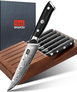 Pro-Serie Shan Züски Steakmesser-Set – 7-teilig, 11 cm Damast-Steakmesser mit Wellenschliff, japanisches Küchenmesser-Se