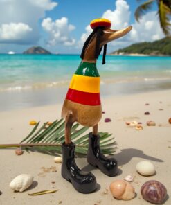 Kinaree Rasta Deko Ente aus Bambus - Handgeschnitzt - Jamaikanischer Stil - Originelle Holzfigur - ca. 27 cm - Unique