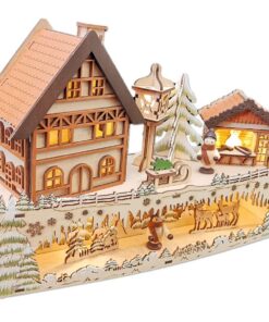 Spetebo LED Holz Weihnachtsdorf Szene - 2 Etagen - Winterdorf und Wald - 30 cm - 5 LED - beleuchtete Weihnachtsdeko Tisc