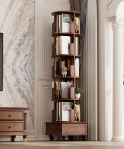 Vockol Drehbares Bücherregal aus Walnuß mit 1 Schublade, Platzsparendes Drehendes Bücherschrank Turm für Wohnzimmer und