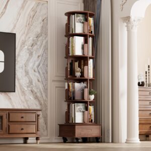 Vockol Drehbares Bücherregal aus Walnuß mit 1 Schublade, Platzsparendes Drehendes Bücherschrank Turm für Wohnzimmer und
