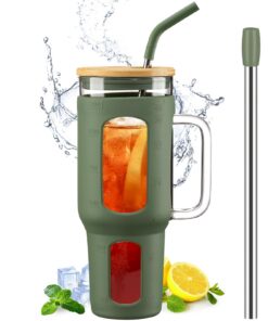 BLUEGO Tumbler becher mit Deckel und Strohhalmen, 1,4 L BPA-frei, 2 Strohhalme, Olive