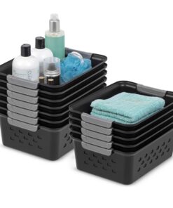 Iris Ohyama Vielseitige Kunststoff-Regalkörbe Oben Offen Schwarz 5L 12er-Set Belüftung Sichtbarer Inhalt für Badezimmer