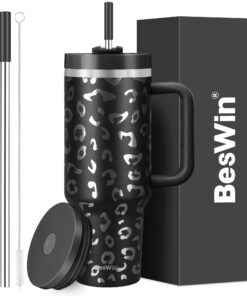 Trinkbecher mit Griff und Strohhalm für Damen und Herren - vakuumisolierter Edelstahl-Wasserflasche mit 2 Deckeln für Re
