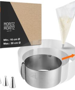 Moritz & Moritz Tortenring Verstellbar - Backring für Edelstahl - Ideal für Backerei-Anfänger und Profis - Mit 10 Spritz