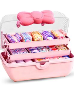 3 Etagen Schmuckbox Kinder rosa,-transparent, 180 Grad Öffnung Schmetterlingsverschluss, perfekt für Haarspangen und -gu