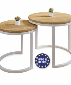 Modena Couchtisch 2er Set Massivholz Eiche Stahl Handgefertigt Europa Rund Weiß Ø50x43 / Ø40x38 cm