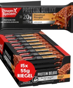 Power System Protein Deluxe Hazelnut Nougat Hochproteinguss-Trockenobst-Hochwertig 15x55g Low-Sucrose-High-Protein-Riege