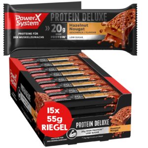 Power System Protein Deluxe Hazelnut Nougat Hochproteinguss-Trockenobst-Hochwertig 15x55g Low-Sucrose-High-Protein-Riege