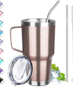 GUDEMAO Isolierte Trinkbecher mit Griff für Kaffee und Tee, Edelstahl, doppelwandig vakuumisoliert, Roségold