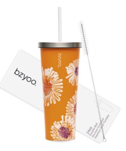 bzyoo SUP Becher Valentinstagsgeschenke für Sie und Ihn mit Strohhalm und Vacuumisolierung (710 ml) Orange Precious Bloo
